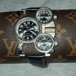 Oulm 3 Face HUGE Men's Analog Quartz Watch Leather Band Silver Cases Black Faces